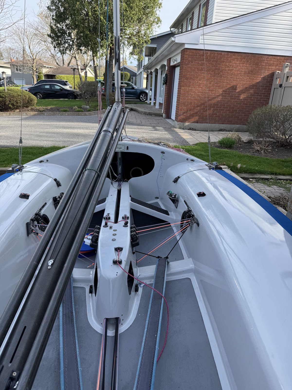 505 cockpit with custom fittings and control lines led across the boat