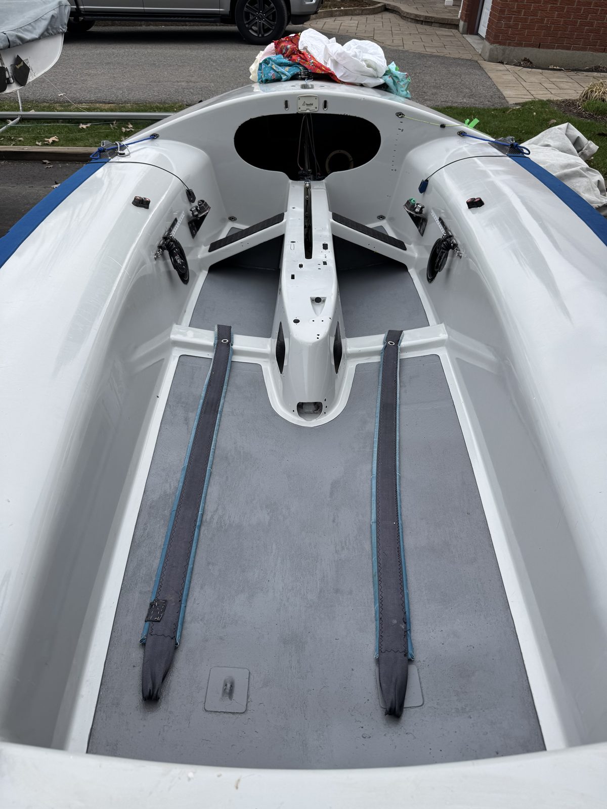 505 cockpit floor with a fresh, even non-skid finish after repainting